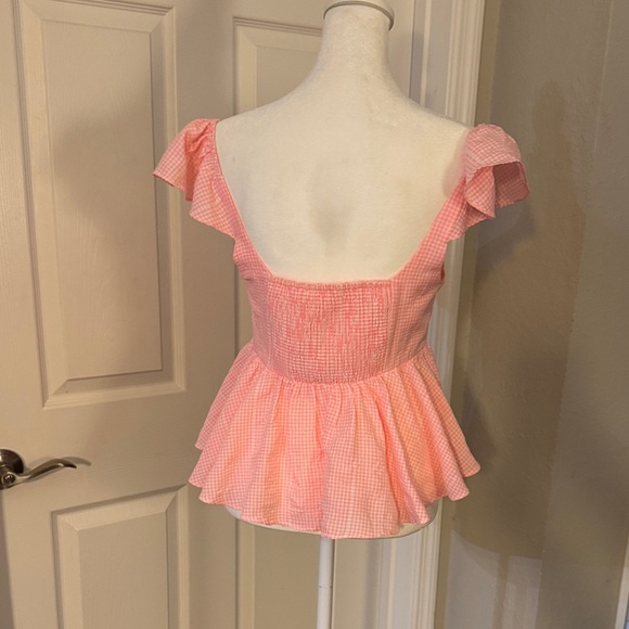 Peach Love California Pink Gingham Peplum Blouse - Picture 6 of 10